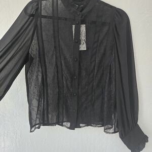 Zara Elegant Black Sheer Lace Blouse